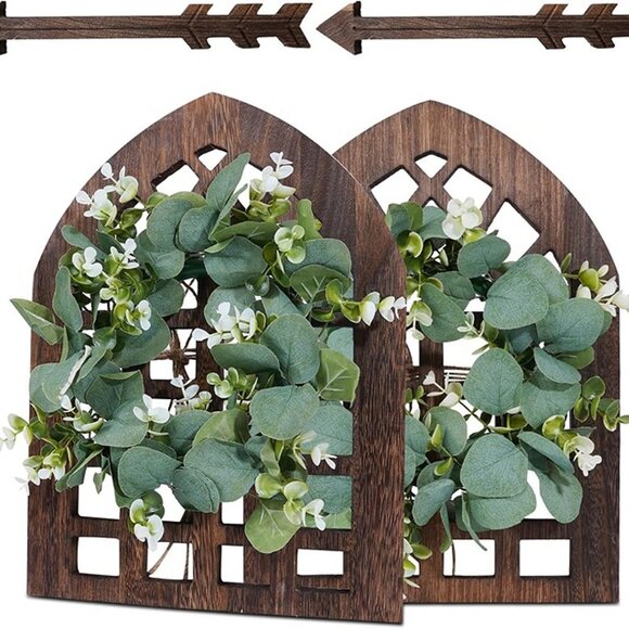NEW  Set of 2 Rustic Wood Window Frame with Green Wreath and Arrows Wall Decor - Picture 3 of 8